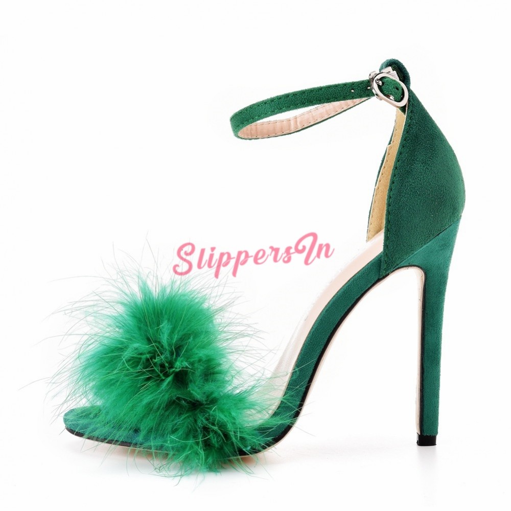 Green Feather Heels Fuzzy Stiletto Sandals for Women
