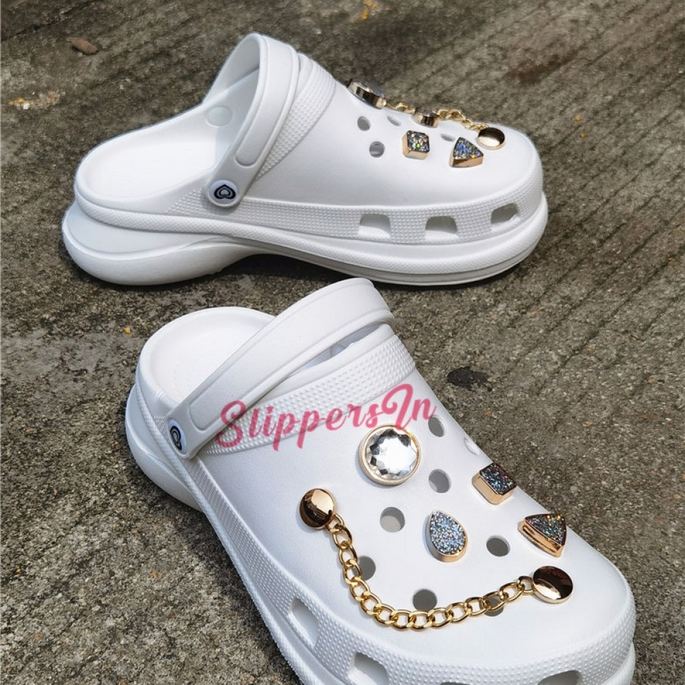 White Women's Clogs with Chain Rhinestone Decor Sandals
