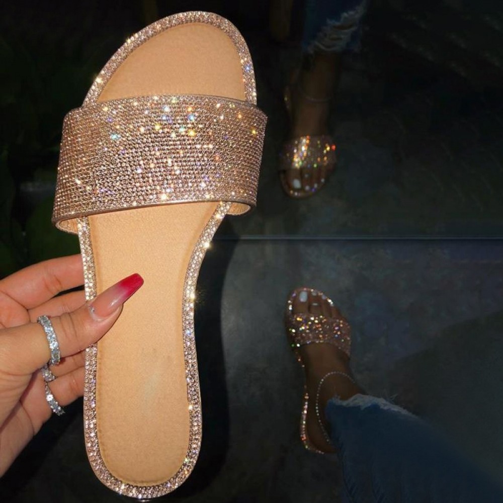 Sparkly Rhinestone Slides Flat Sandals for Women