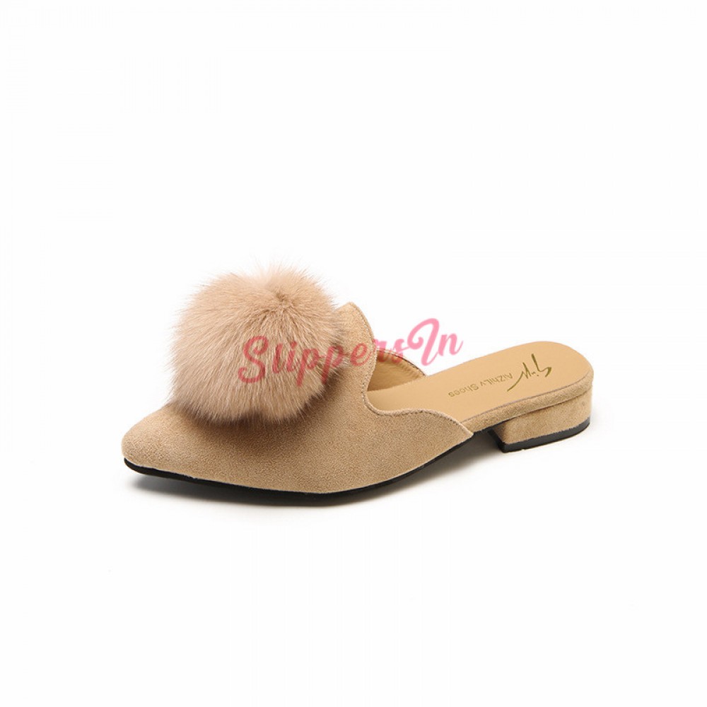 Pom Flat Mules Pointed Toe Womens Fashion Pointy Slippers Shoes Womens Slides with Faux Fur Comfort Fuzzy Slippers Backless Loafers Ladies Clog Slippers