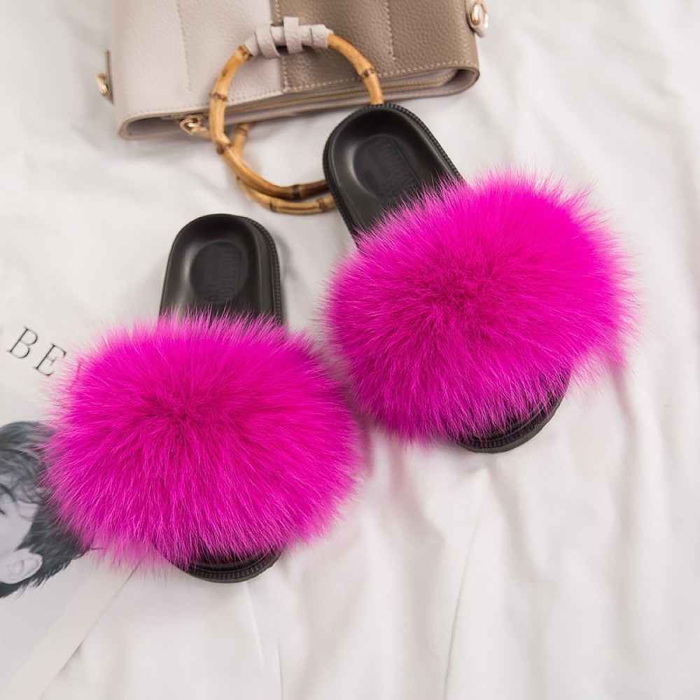 Details about   Girls Kids Faux Fox Fur Color-block Slippers Fluffy Slider Flip Flop Flats Shoes 
