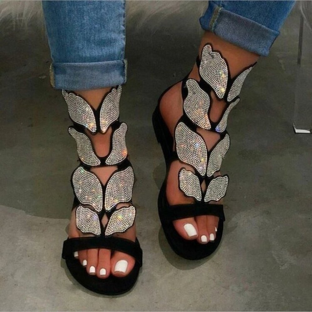 Big Size Women Flats Butterfly-knot Modern Ladies Slippers Rhinestone 2023  Summer New Square Toe Sandals Outside Female Shoes