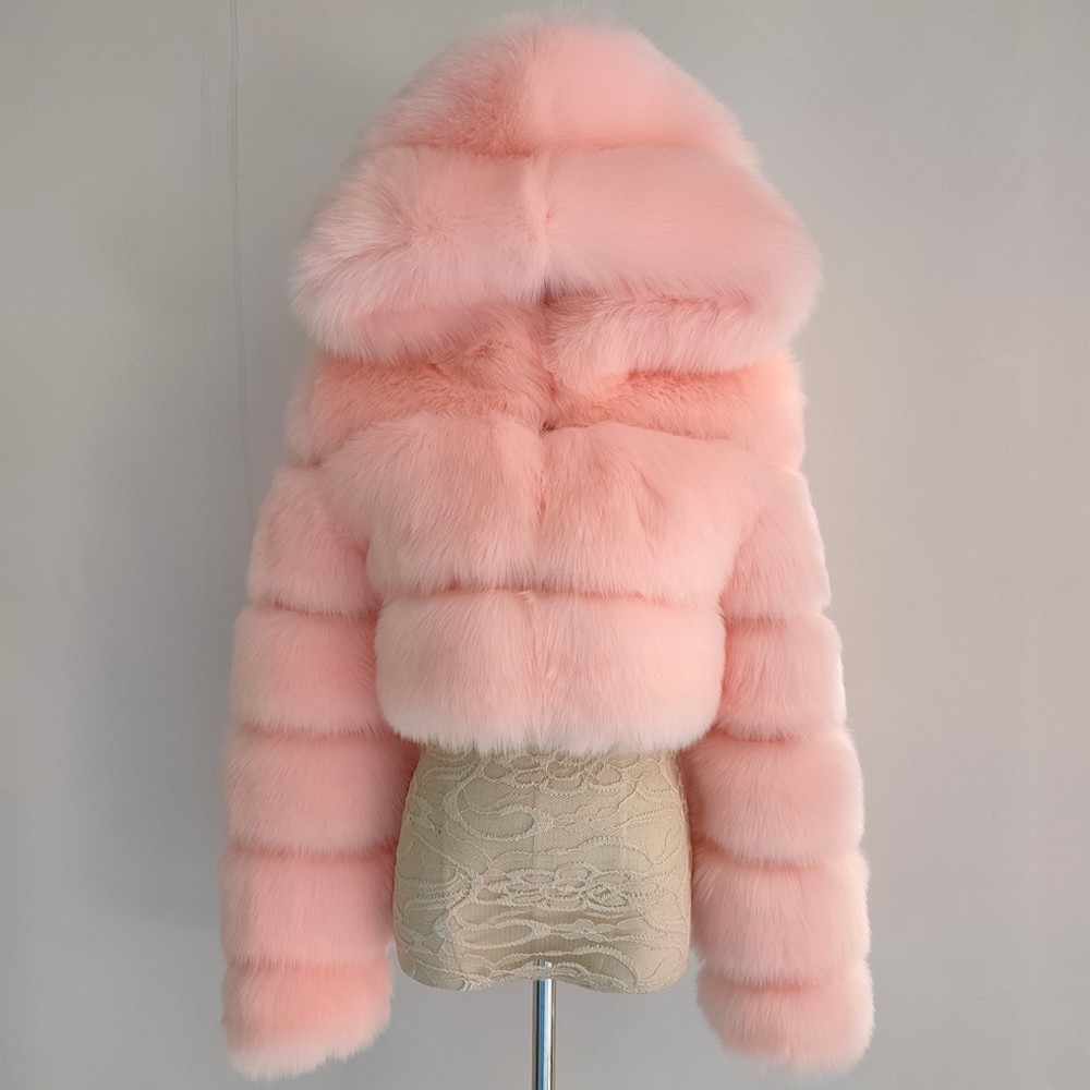 Pink Faux Fur Jacket Women's Crop Furry Hooded Jacket