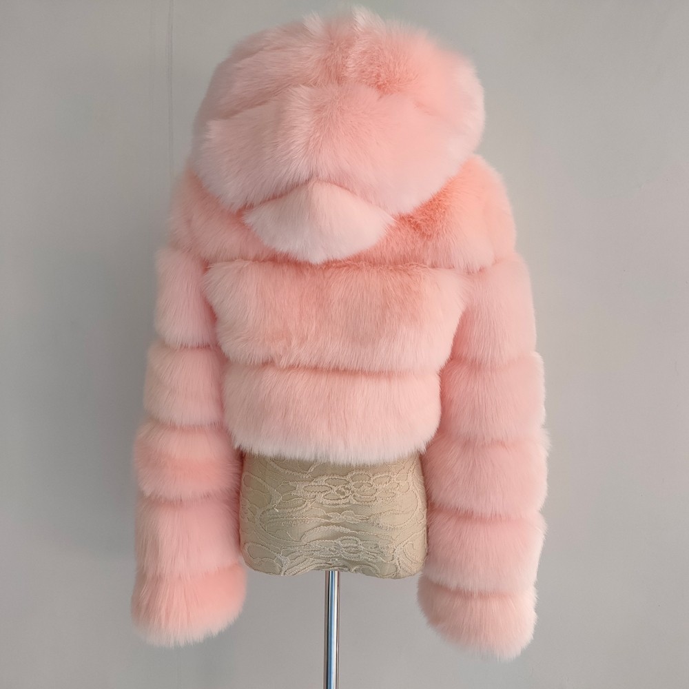 Pink Faux Fur Jacket Women's Crop Furry Hooded Jacket
