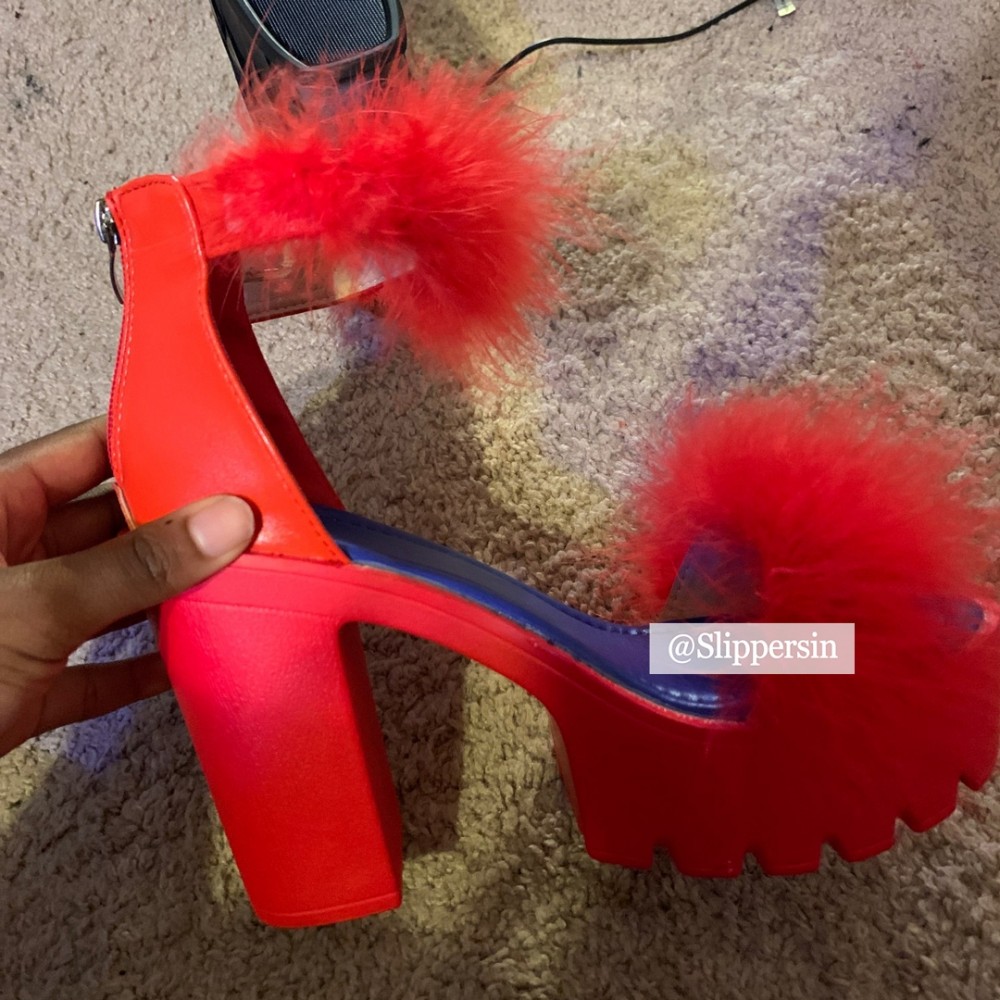 2023 Fashion Women's High Heels Fluffy Feather Square Toe Open Toe Chunky  Heel Slippers Comfortable Slip