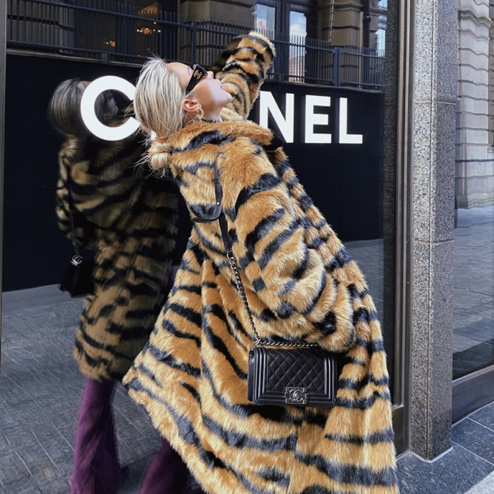 Tiger Print Faux Fur Coat Brown Long Overcoat for Women