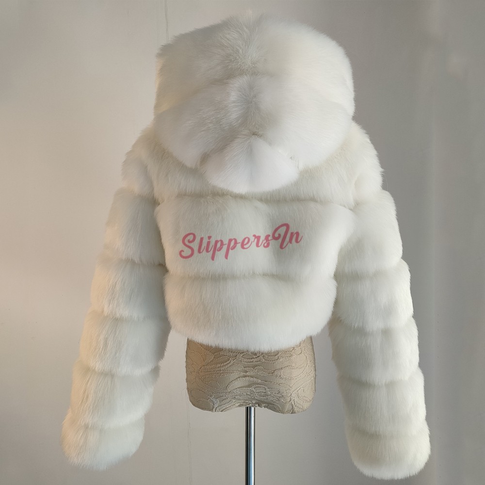 White Fur Coat Women's Hooded Crop Faux Fur Jacket