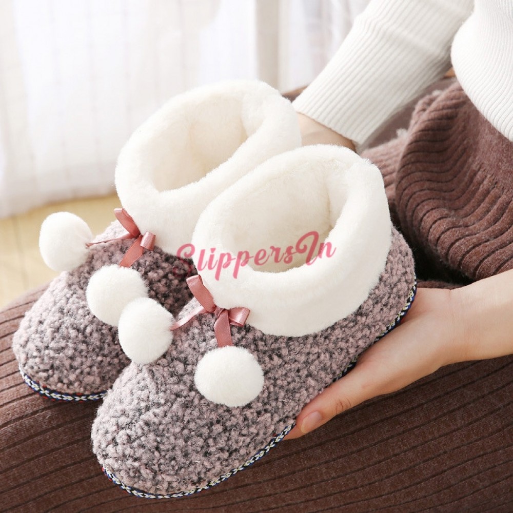 Infant Girls Slippers Warm Faux Fur Lined Pompom Ankle Bootee Shoes Size 