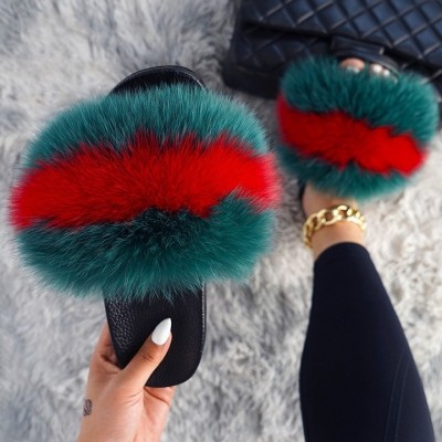 2019 Womens Summer Outdoor Slippers Real Fur Slippers Rainbow Colors Women Slippers Beach Fox Fur Slides,See as pic,7.5 