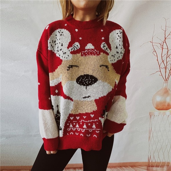 2023 Ugly Christmas Sweater Reindeer Print Oversized Holiday Pullover for Women