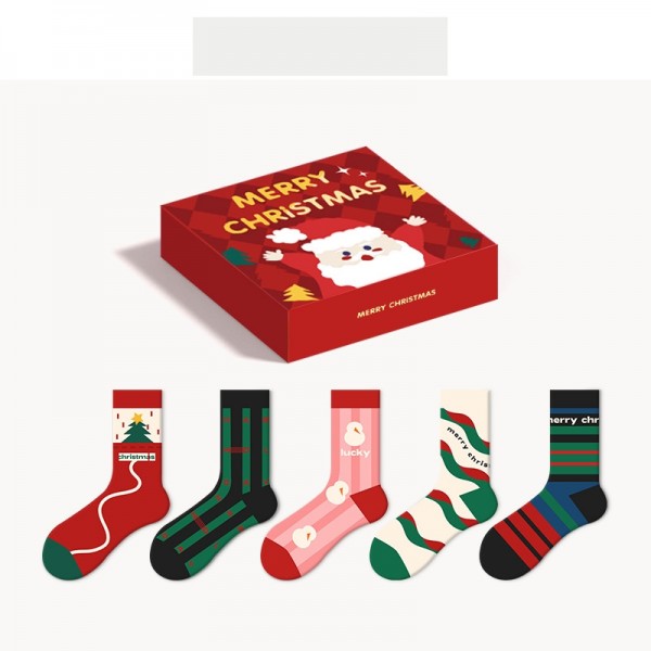 5 Pairs Knitted Christmas Socks in Gift Box for Women