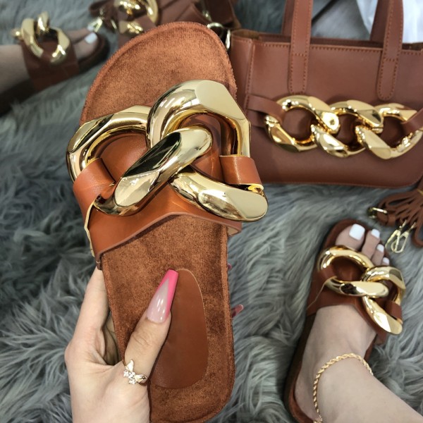 Metallic Big Chains Slide Sandals with Matching Handbag Set