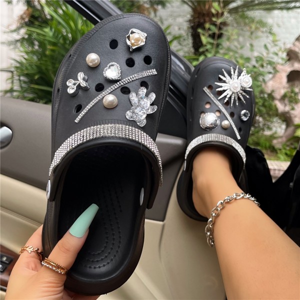 Black Clogs with Rhinestones Bear Decor Pearls Sandals for Women