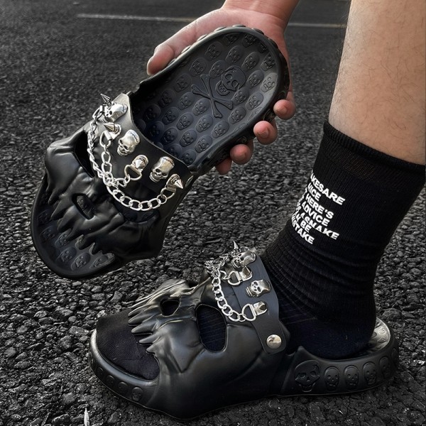 Black Skull Slides with Decorative Chains Cushioned Halloween Sandals for Men