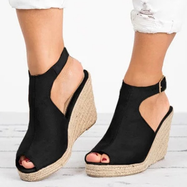 Black Wedge Sandals Platform Slingback Woven Heels for Women