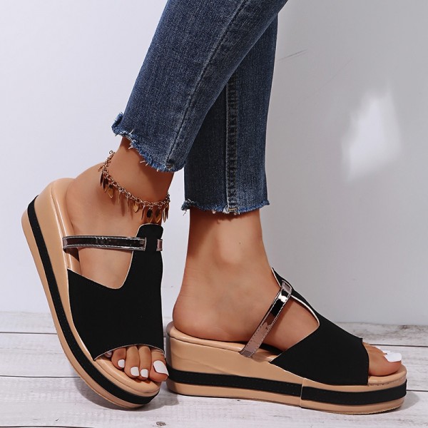 Black Wedge Sandals Platform Slip On Shoes for Women