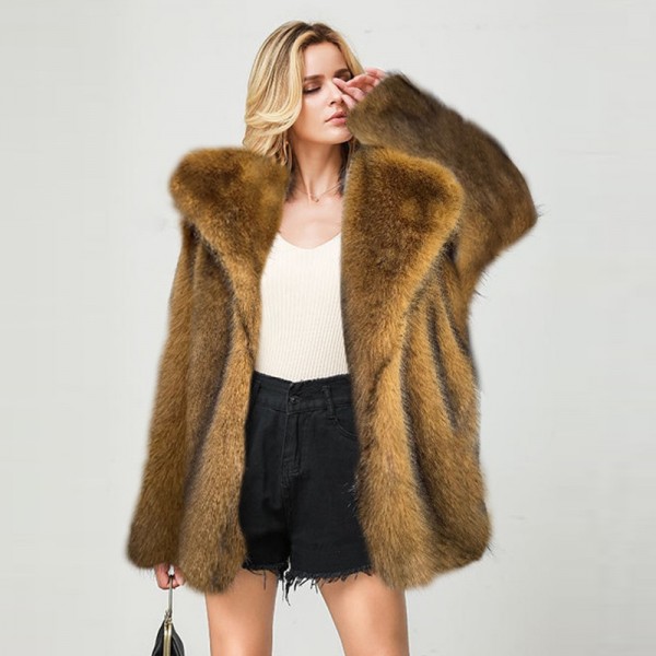 Brown Faux Fur Coat Mid Length Winter Oversized Outerwear for Women