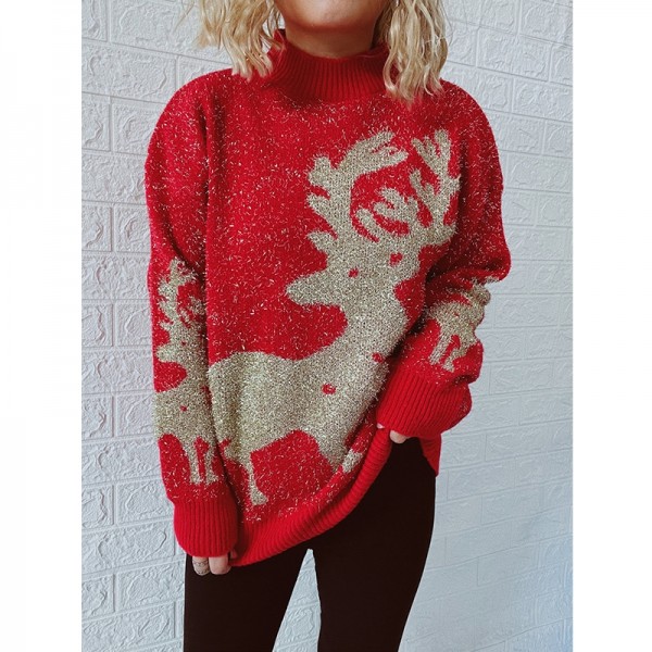 Christmas Reindeer Sweater with Gold Tinsel Embellishment Oversized Pullover for Women