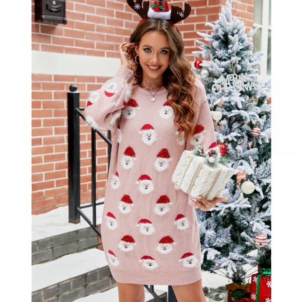 Christmas Sweater Jumper Dress Santa Claus Pattern Oversized Knit Dress