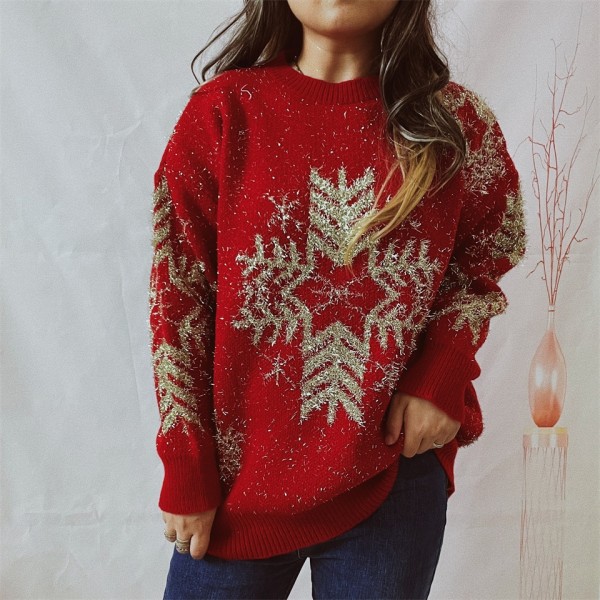 Christmas Sweater with Gold Tinsel Snowflakes Pattern Oversized Pullover for Women