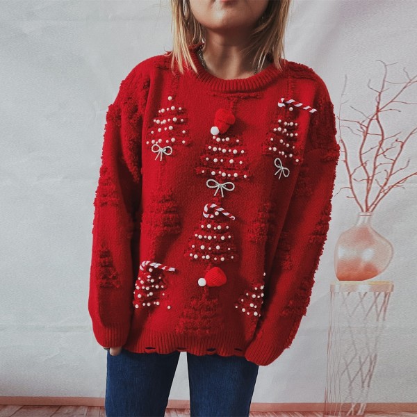 Christmas Sweater with Pearls and Rhinestone Bows Decor Oversized Pullover for Women