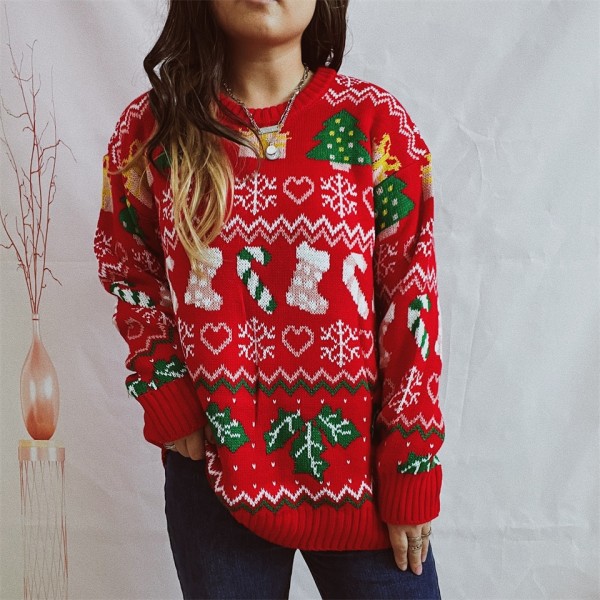 Christmas Themed Sweater Women's Snowflakes Trees Pattern Oversized Pullover