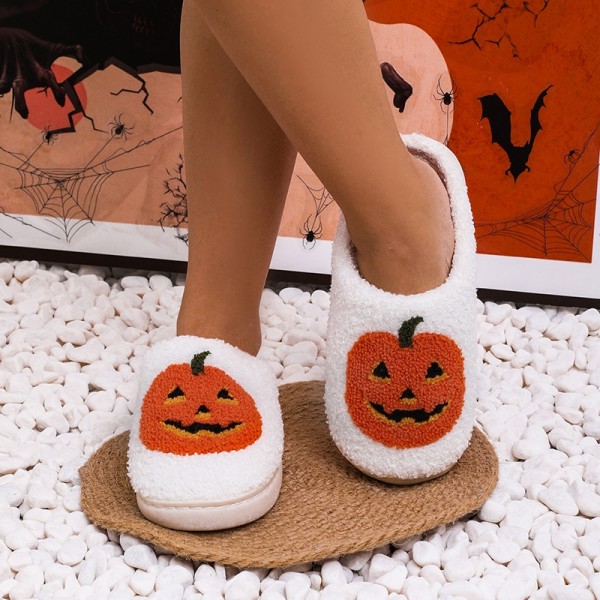 Comfy Halloween Slippers Fleece Pumpkin House Shoes for Adults