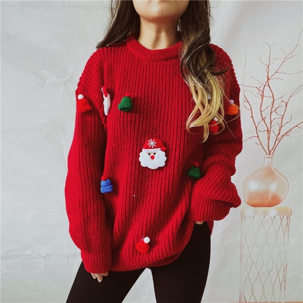 Cute Christmas Sweater with 3D Santa Hats Decor Winter Holiday Pullover for Women