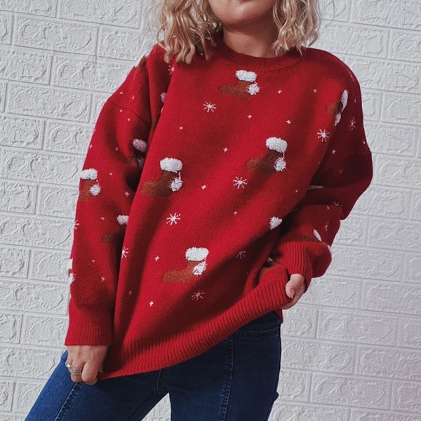 Cute Christmas Sweaters Xmas Sock Pattern Red Holiday Pullover for Women