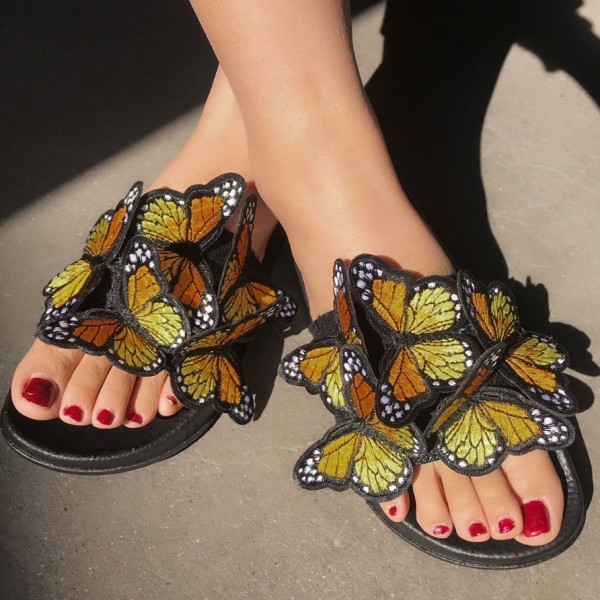 Embroidered Butterfly Sandals Summer Flat Slides for Women