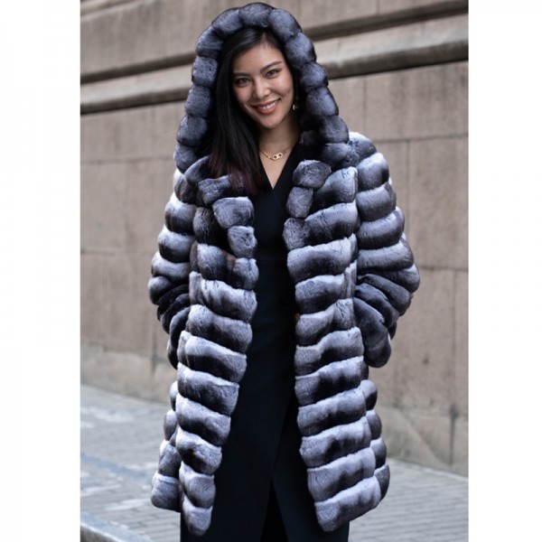 Faux Chinchilla Fur Coat Winter Long Outerwear with Hood for Women