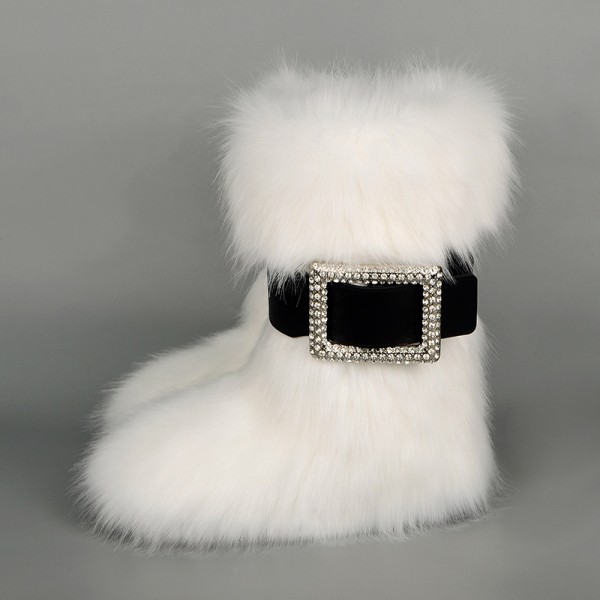 Faux Fur Boots with Rhinestone Buckle Strap for Women