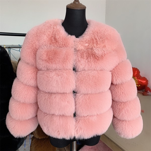 Faux Fur Jacket Collarless Bubble Furry Outerwear for Women