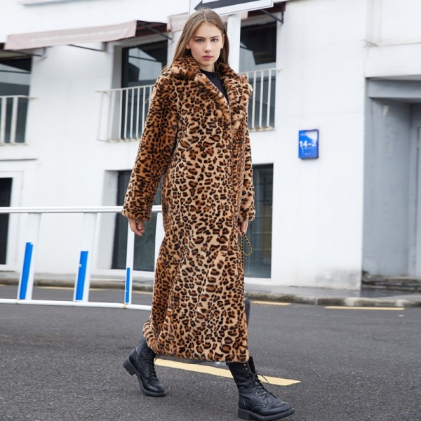 Faux Fur Leopard Coat Long Women's Brown Winter Overcoat