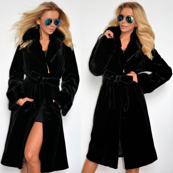 Faux Fur Trench Coat Women's Black Belted Long Outerwear