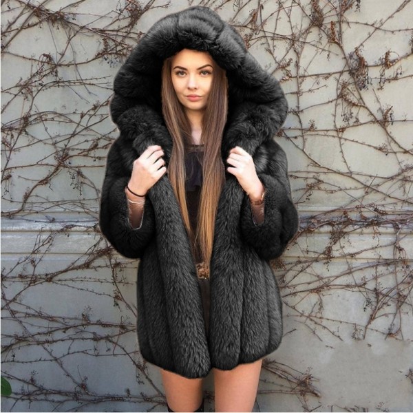 Faux Fur Hood Coat Black Furry Outerwear for Women