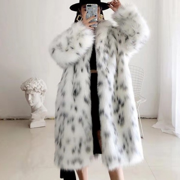 Snow Leopard Faux Fur Coat for Women Furry Outerwear