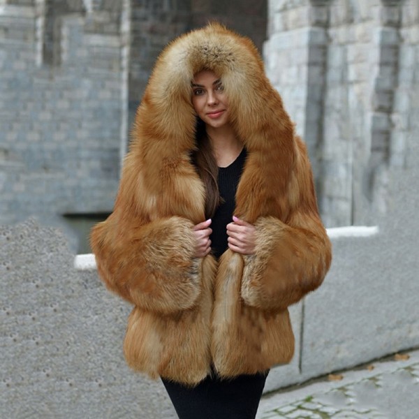 Brown Faux Fur Hooded Coat for Women Open Front Fluffy Jacket