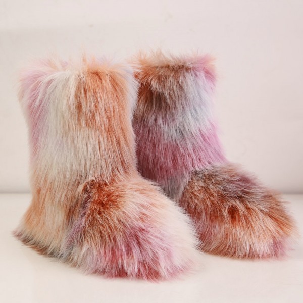 Flat Faux Fur Boots in Tie Dye Color for Women