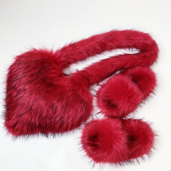 Fluffy Fur Slides with Matching Heart Shaped Bag for Women