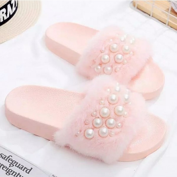 Chic Pink Slides with Pearls Women's Fuzzy Sandals