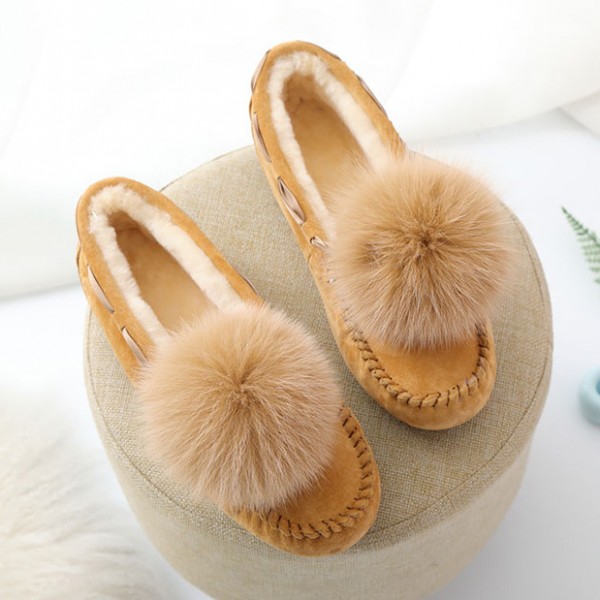 Shearling Moccasin Slippers with Pom Pom Balls for Women