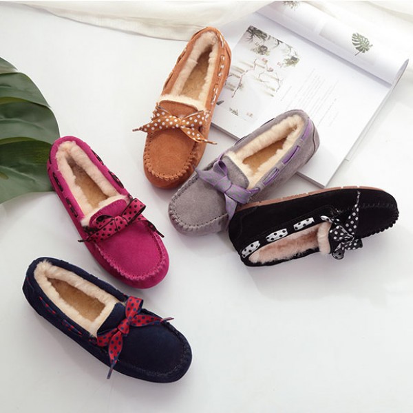 Women's Moccasin Slippers with Bow Tie Shearling Moccasins