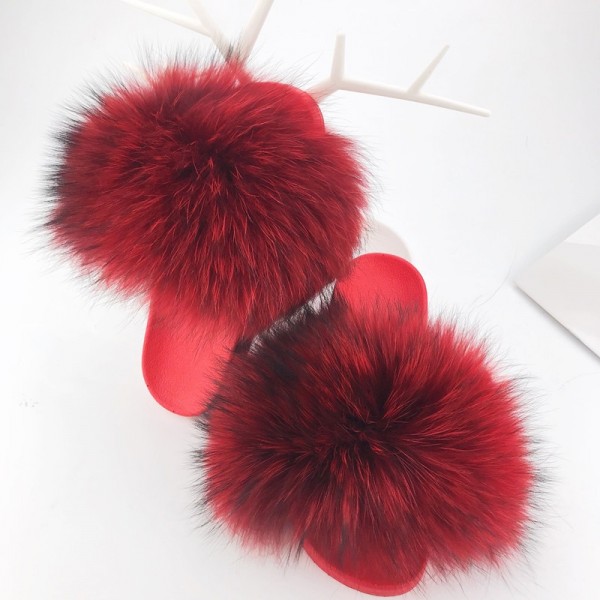 Red Fox Fur Slides Chic Women's Fluffy Sandals