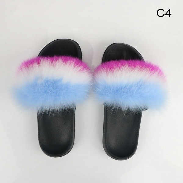 Rainbow Fox Fur Slides Open Toe Furry Sandals