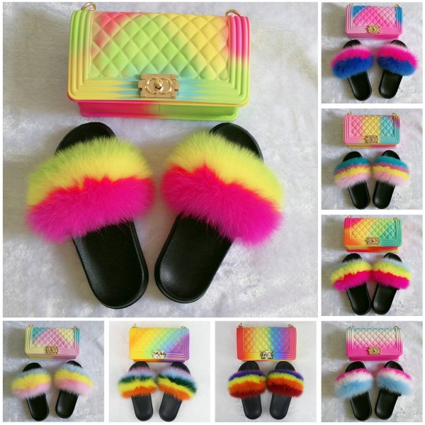 Rainbow Fur Slides with Matching Jelly Handbags