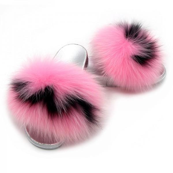 New Fox Fur Slides Silver Sole Furry Sandals
