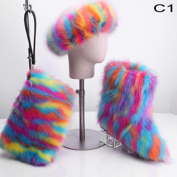 Women's Fluffy Faux Fur Boots Set Rainbow Color with Matching Fur Purse and Headband