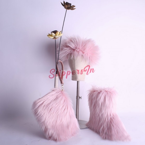 Faux Fox Fur Boots Solid Color Set for Women with Matching Furry Purse and Headband