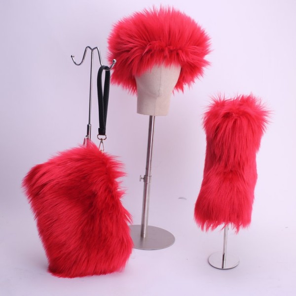 Faux Fox Fur Boots Solid Color Set for Women with Matching Furry Purse and Headband